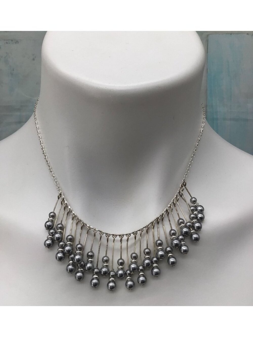 Napier Silver-Tone Fringe Necklace With Dangling Gray Beads Elegant Chain Design